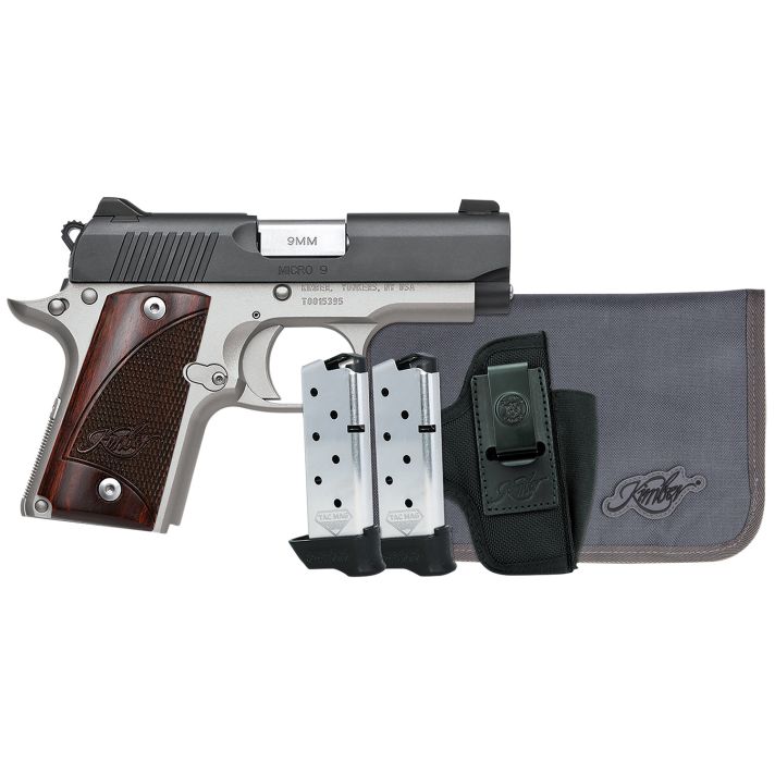 Kimber Mfg.,inc 3300251 Micro 9 RTC Bundle Micro Frame 9mm 7+1 3.15" Stainless Ramped Barrel, KimPro II Black Serrated Slide, Kimpro II Silver Aluminum Frame w/Beavertail, Rosewood Grip
