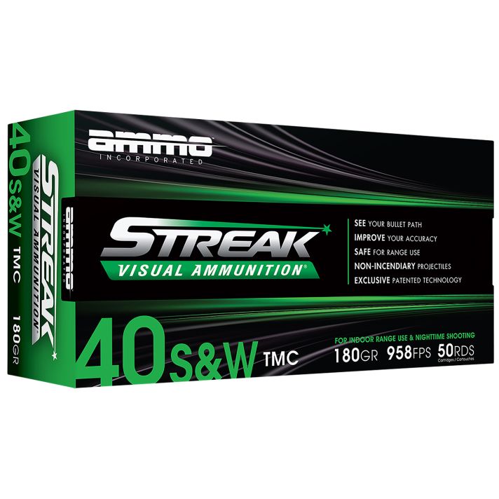 Ammo Inc 40180TMCSTRKGRN50 Streak Visual (GREEN)40S&W 180gr Total Metal Case 50 Per Box/20 Case