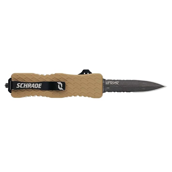 Schrade 1159305 UproarAutomatic 3" OTF Dagger Part Serrated Black Oxide D2 Steel Blade, Flat Dark Earth Textured Aluminum Handle