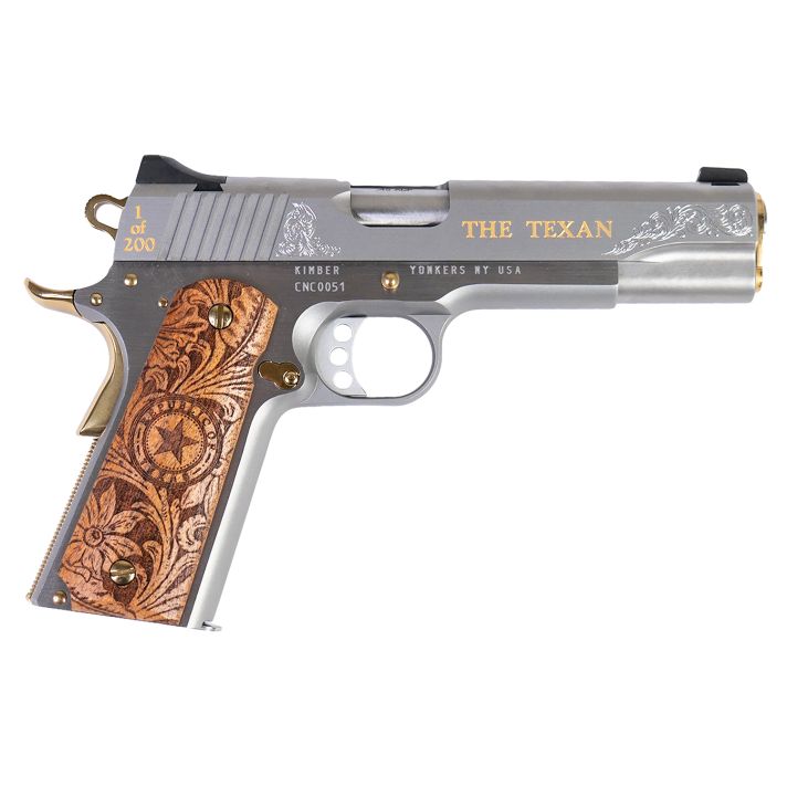 Cnc Firearms CNCTEX1911 Kimber 1911 Texan 45 ACP 7+1 5" Stainless Steel Barrel, Stainless Engraved "The Texan"/Serrated Steel Slide, Stainless Steel Frame, Texas Mesquite Grip