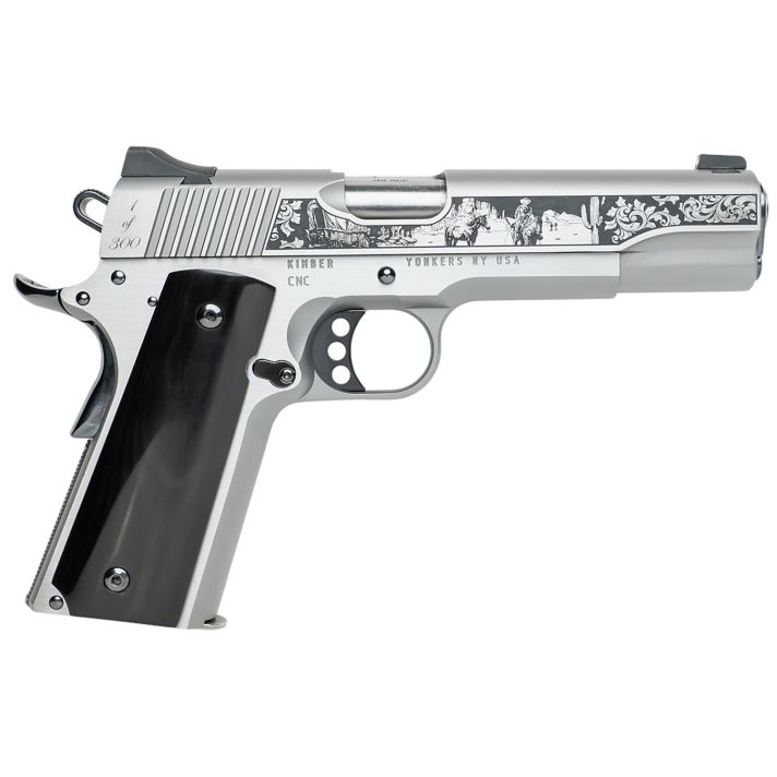 Cnc Firearms CNCWESTSPIRIT Kimber 1911 Western Spirit 45 ACP 7+1 5" Stainless Steel Barrel, Serrated w/Engraved Scrollwork Slide, Black Buffalo Horn Grip