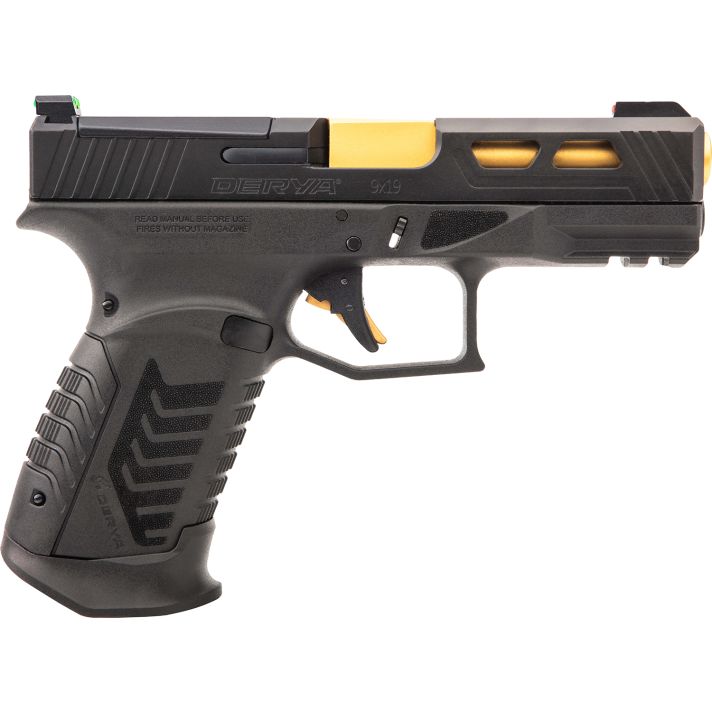 Derya Firearms DY9GUS DY99mm Luger 15+1 4.02" Gold TiN Steel Barrel, Black Nitride Optics Ready/Serrated Alloy Steel Slide, Black Polymer Frame w/Accessory Rail, Black Interchangeable Backstrap Grip