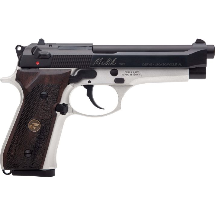 Derya Firearms MELIK9TTTR Melik9mm 17+1 4.90" Black Melonite Steel Barrel, Black Melonite Serrated Steel Slide, Silver Anodized Aluminum Frame, Dark Walnut Grip