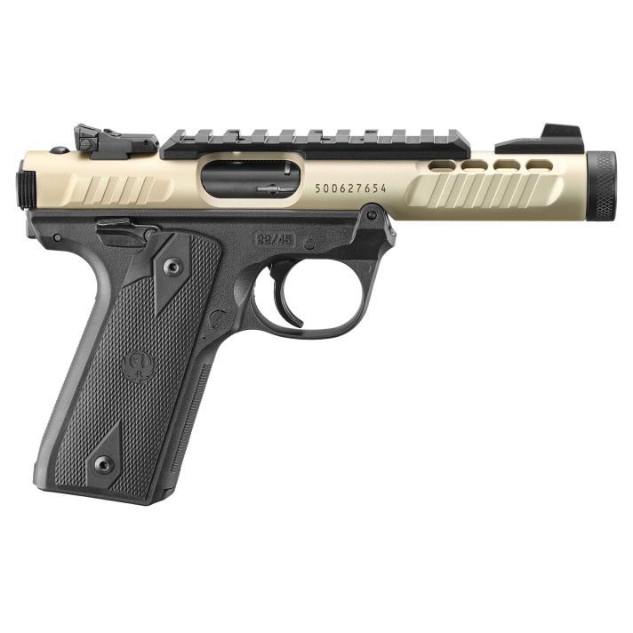 Ruger 43955 Mark IV 22/45 Lite 22 LR 10+1 4.40" Stainless Threaded Barrel, Champagne Anodized Serrated Slide w/Picatinny Rail, Black Anodized Polymer Frame, Black Checkered 1911-Style Grip