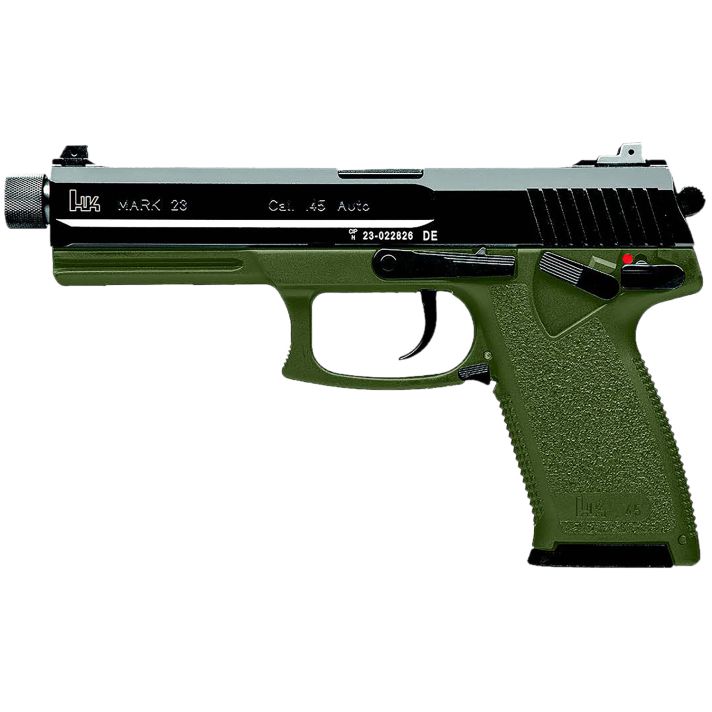 HK 81001074 Mark 2345 ACP 12+1 5.87" Black Threaded Barrel, Black Cerakote Serrated Steel Slide, OD Green Polymer Frame w/Accessory Rail, Textured Grip