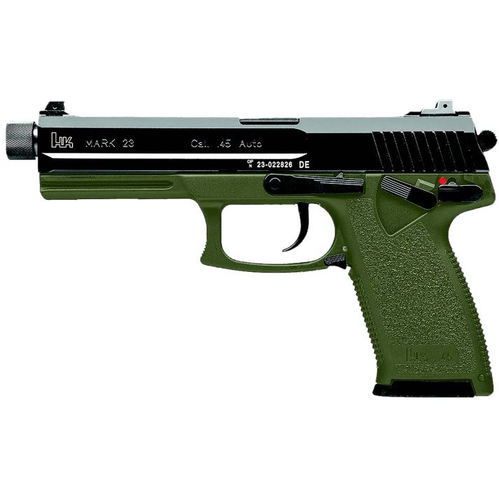 HK 81001075 Mark 2345 ACP 10+1 5.87" Black Threaded Barrel, Black Cerakote Serrated Steel Slide, OD Green Polymer Frame w/Accessory Rail, Textured Grip