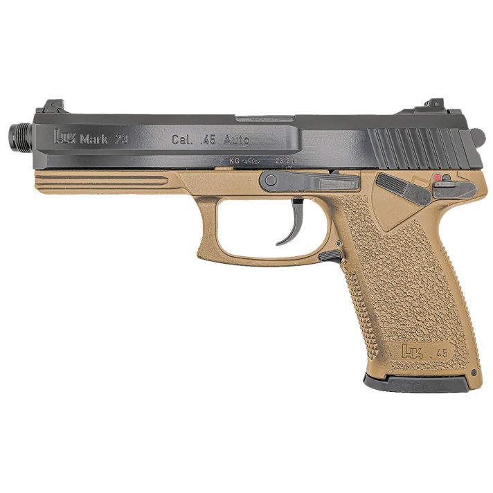 HK 81000868 Mark 2345 ACP 12+1 5.87" Black Threaded Barrel, Black Cerakote Serrated Steel Slide, Flat Dark Earth Polymer Frame w/Accessory Rail