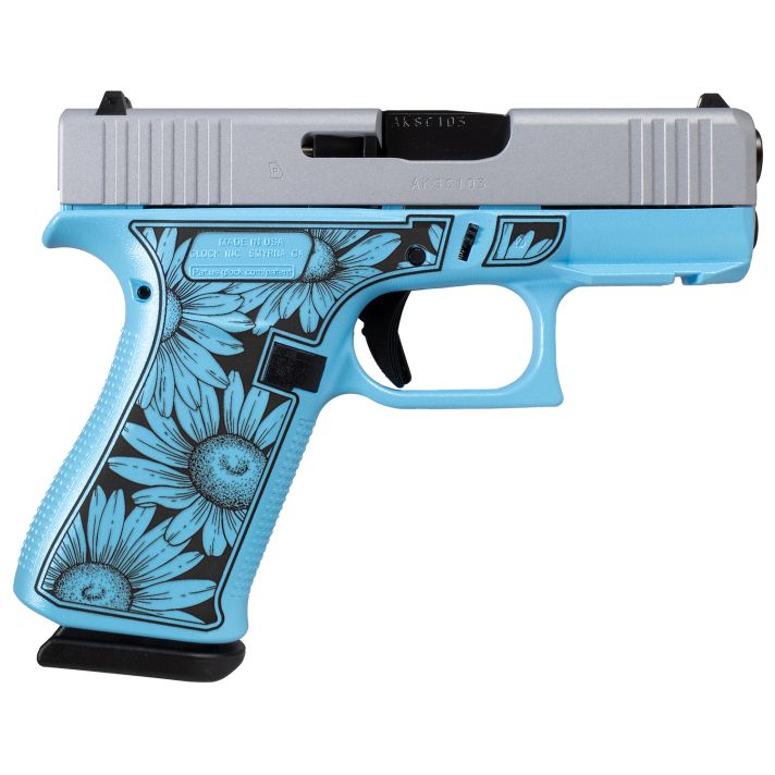 Glock UX4350204FRDAISYBLUE G43X FR Miss Daisy Sub-Compact Frame 9mm 10+1 3.41" Black GMB Barrel, Serrated Steel Slide, Blue Cerakote Polymer Frame w/Black Daisy Laser Engraving Grip, Front Rail