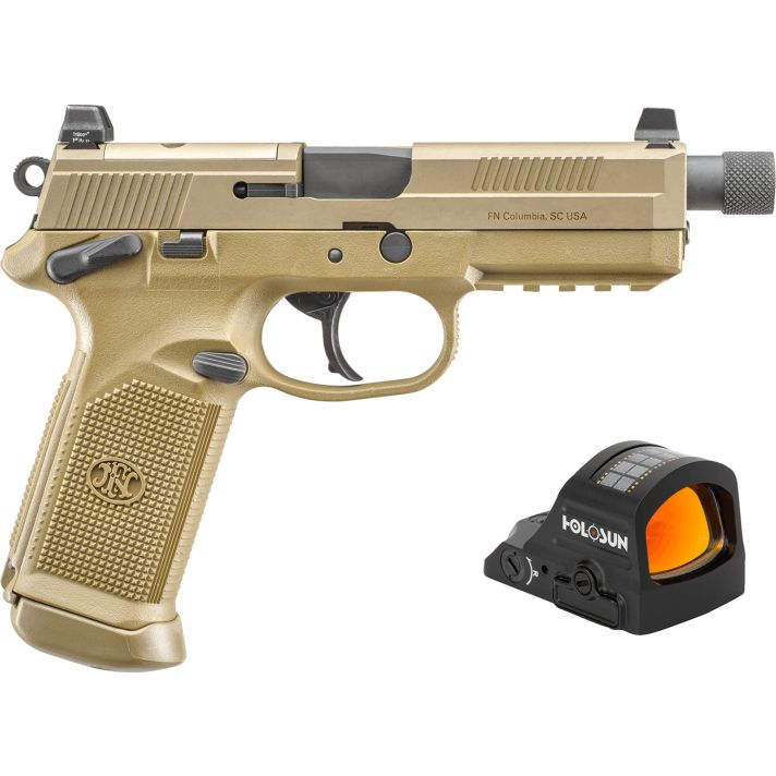 FN 66102270 FNX w/Optic 45 ACP 15+1 5.30" Black Steel Threaded Barrel, Flat Dark Earth Optic Ready/Serrated Stainless Steel Slide & Polymer Frame w/Picatinny Rail, Holosun 407C Red Dot, Ambidextrous