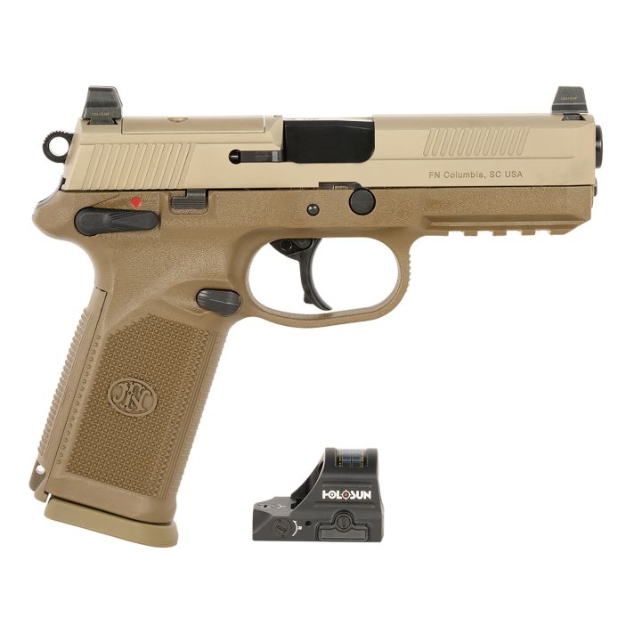 FN 66102272 FNX w/Optic 45 ACP 10rd 5.30" Black Steel Barrel, Flat Dark Earth Optic Ready/Serrated Stainless Steel Slide & Polymer Frame w/Picatinny Rail, Holosun 407C Red Dot, 5 Mags, Ambidextrous