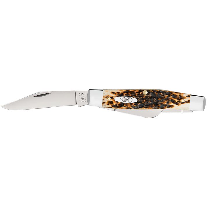 Case 00204 StockmanLarge 3.30"/2.30"/2.20" Folding Clip Point/Pen/Sheepsfoot Plain Mirror Polished Carbon Steel Blade, Peach Seed Jigged Amber Bone Handle