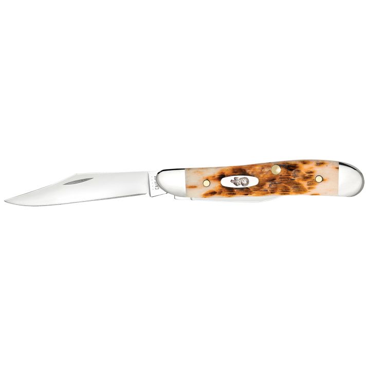 Case 00045 Peanut2.10"/1.53" Folding Clip Point/Pen Plain Mirror Polished Tru-Sharp SS Blade, Peach Seed Jigged Amber Jigged Bone Handle