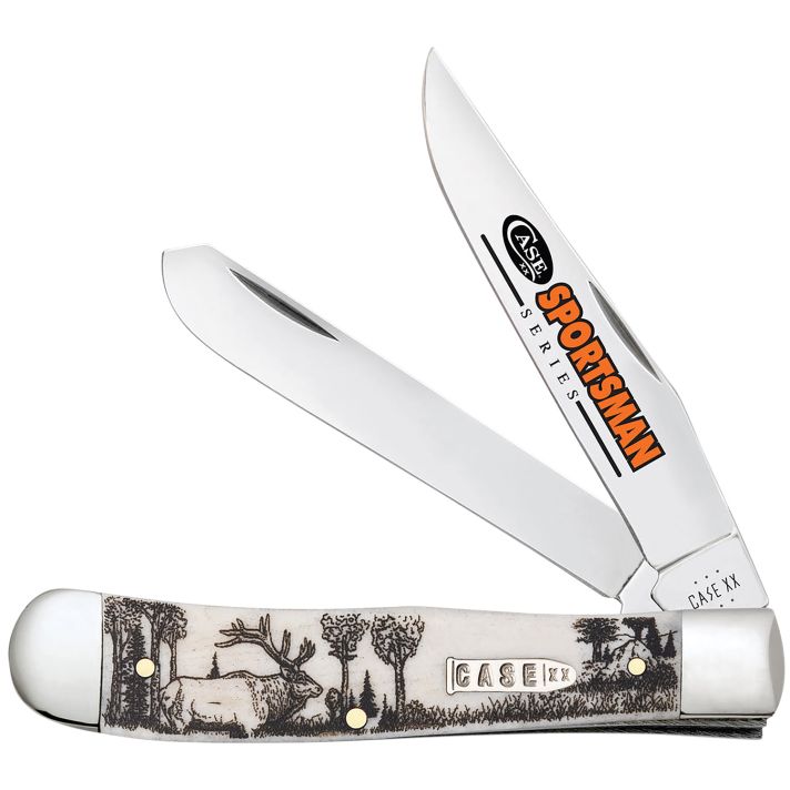 Case 81222 Trapper Sportsman Folding Clip Point/Spey Plain Mirror Polished Tru-Sharp SS Blade/Elk Embellished Natural Bone Handle