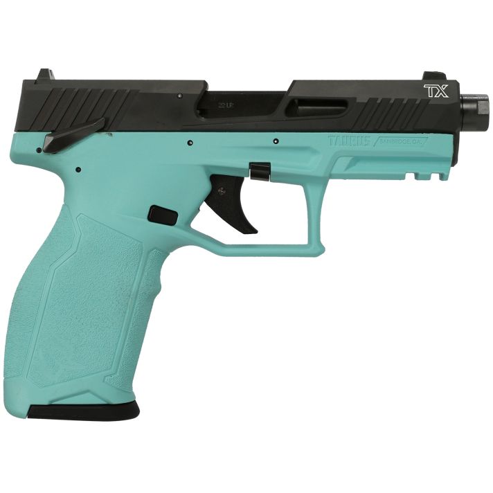 Taurus 1-2TX22141C 2TXFull Size Frame 22 LR 22+1 4.60" Matte Black Threaded Barrel, Black Anodized Serrated Slide, Cyan Polymer Frame w/Picatinny Rail, Textured Grip