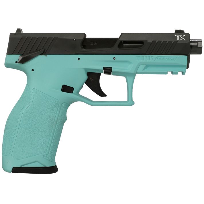 Taurus 1-2TX22141C-10 2TXFull Size Frame 22 LR 10+1 4.60" Matte Black Threaded Barrel, Black Anodized Serrated Slide, Matte Cyan Polymer Frame w/Picatinny Rail, Textured Grip