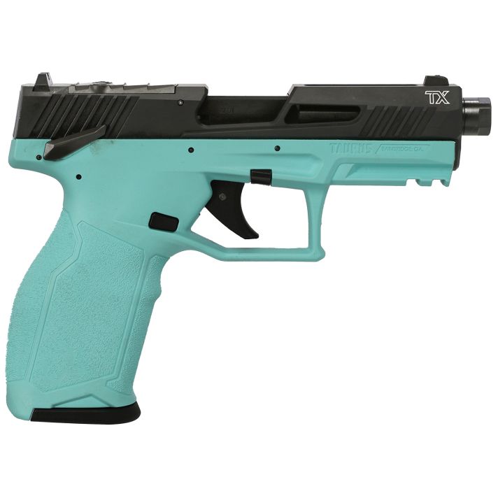 Taurus 1-2TX22P141C-10 TX22 T.O.R.O. 22 LR 10+1 4.60" Matte Black Threaded Barrel, Black Hard Coat Anodized Optic Ready/Serrated Slide, Cyan Polymer Frame w/Picatinny Rail, Textured Grip