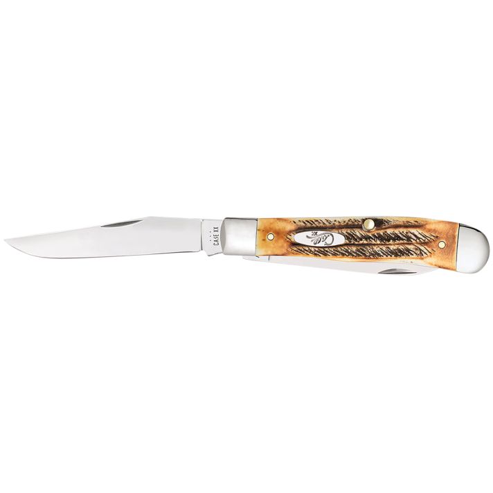 Case 03573 Trapper3.25" Folding Clip Point/Spey Plain Mirror Polished Tru-Sharp SS Blades, Burnt Dark Amber 6.5 BoneStag Handle