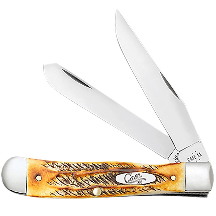 Case 65345 Trapper3.25" Folding Clip Point/Spey Plain Mirror Polished Tru-Sharp SS Blades, Burnt Dark Amber 6.5 BoneStag Handle, Includes Pocket Clip
