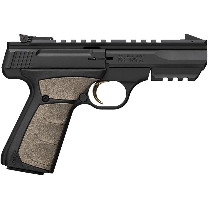 Browning 051601490 Buck Mark Black Label URX 22 LR 10+1 5.50" Matte Blued Contoured Barrel, Matte Black Serrated Slide, Matte Black Aluminum Frame w/Picatinny Rail, FDE UFX Overmolded Grip