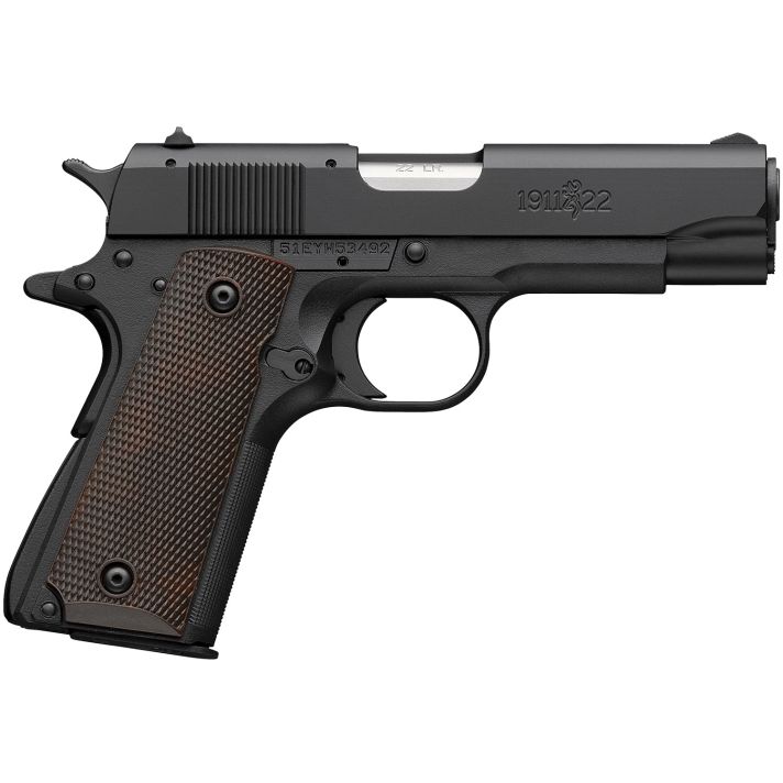 Browning 051064490 1911-22 A1 Compact Frame 22 LR 10+1 3.63" Stainless Steel Barrel, Matte Black Serrated Slide, Matte Black Aluminum Frame, Brown Composite Grip