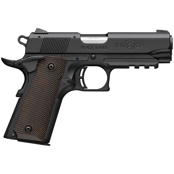 Browning 051066490 1911-22 Black Label Compact Frame 22 LR 10+1 3.63" Stainless Steel Barrel, Matte Black Serrated Slide, Matte Black Aluminum Frame w/Picatinny Rail, Brown Composite Grip