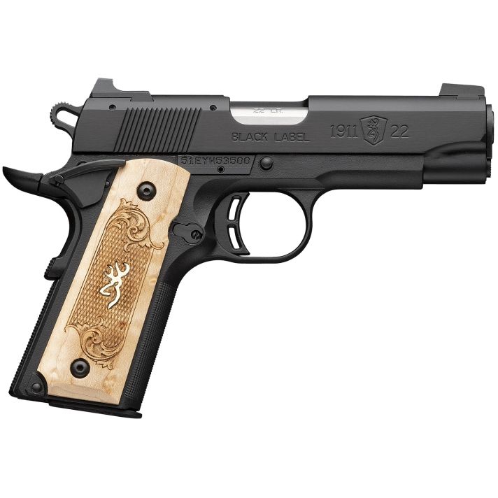 Browning 051068490 1911-22 Black Label Medallion Compact Frame 22 LR 10+1 3.63" Stainless Steel Barrel, Matte Black Serrated Slide, Matte Black Aluminum Frame w/Beavertail, Maple Medallion Grip