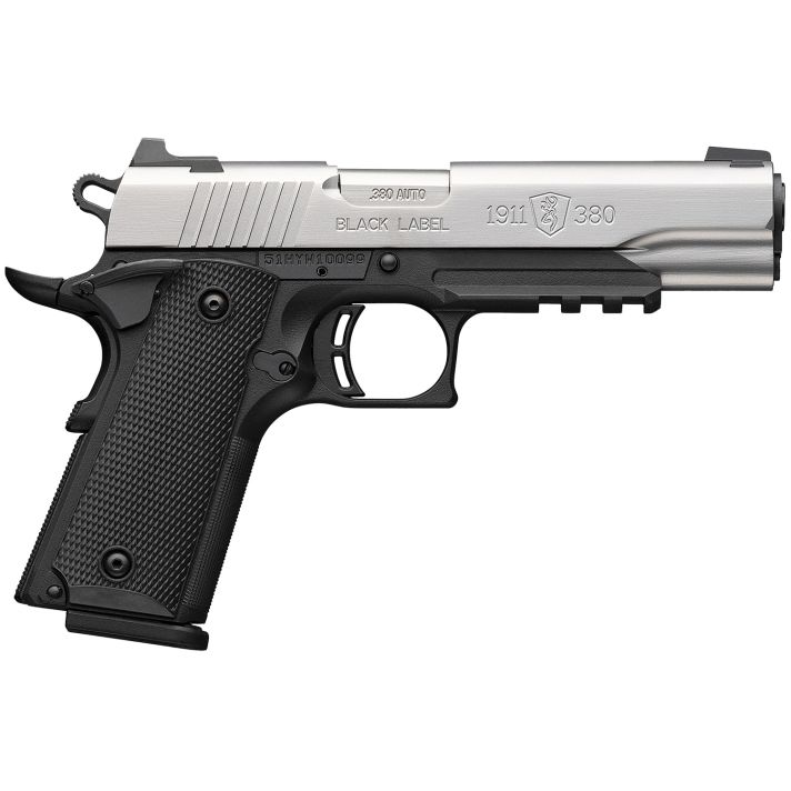 Browning 051120492 1911-380Full Size Frame 380 ACP 8+1 4.25" Stainless Steel Barrel, Satin Stainless Serrated Slide, Matte Black Aluminum Frame w/Picatinny Rail, Black Polymer Grip