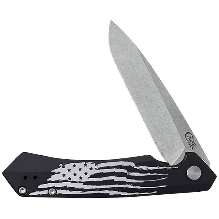 Case 10857 KinzuaFolding Spear Point Plain Stonewashed S35VN SS Blade, Black Anodized w/US Flag Aluminum Handle