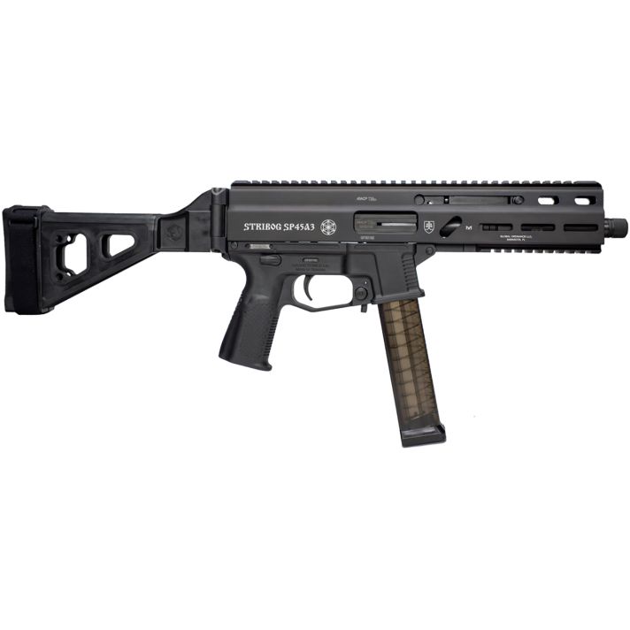 Grand Power 197892004824 SP45A3 Stribog 45 ACP 20+1 8" Black Threaded Barrel, Black Aluminum Picatinny Rail Receiver, Black SB Tactical Brace, Black Polymer Grip, Thread Protector