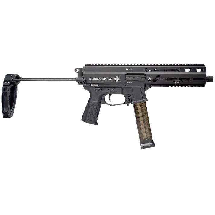 Grand Power 197892004831 SP45A3 Stribog 45 ACP 20+1 8" Black Threaded Barrel, Black Aluminum Picatinny Rail Receiver, Black PDW Tailhook Brace, Black Polymer Grip, Thread Protector