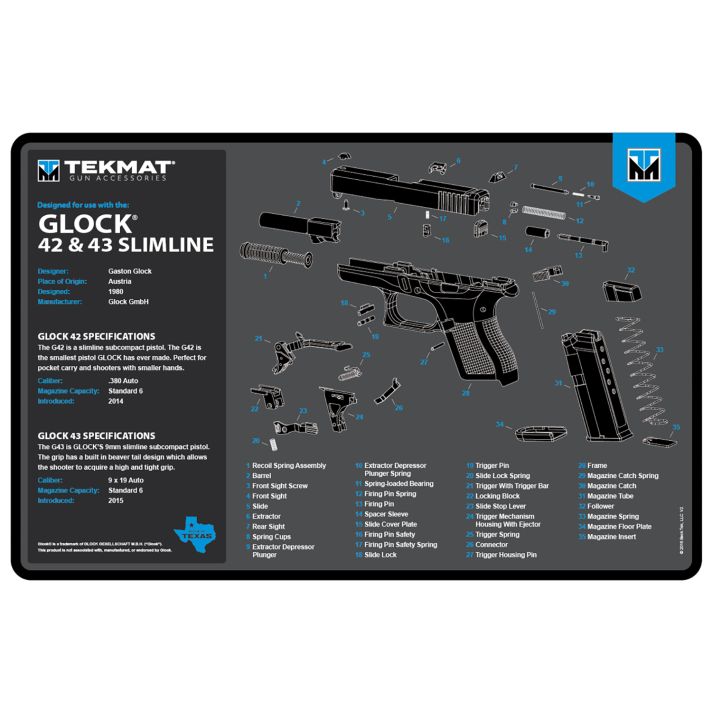 TekMat TEKR17GLOCK4243BL Glock 42/43 Cleaning Mat Black/Blue/White Rubber 11"x17" Glock 42/43 Parts Diagram