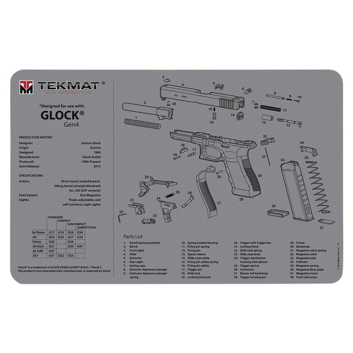 TekMat TEKR17GLOCKG4GY Glock Gen 4 Cleaning Mat Gray Rubber 11"x17" Glock Gen 4 Parts Diagram