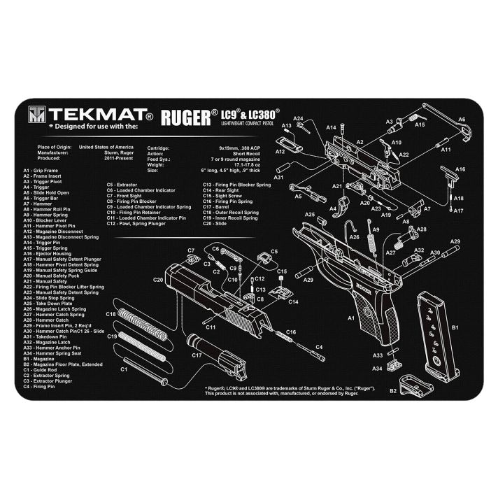 TekMat TEKR17RUGERLC9 Ruger LC9 Cleaning Mat Black/White Rubber 11"x17" Ruger LC9 Parts Diagram