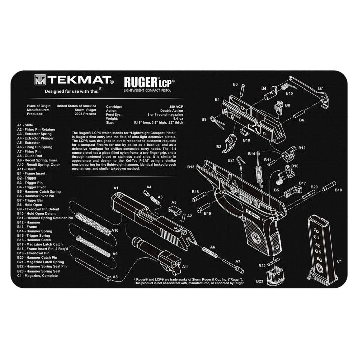 TekMat TEKR17RUGERLCP Ruger LCP Cleaning Mat Black/White Rubber 11"x17" Ruger LCP Parts Diagram