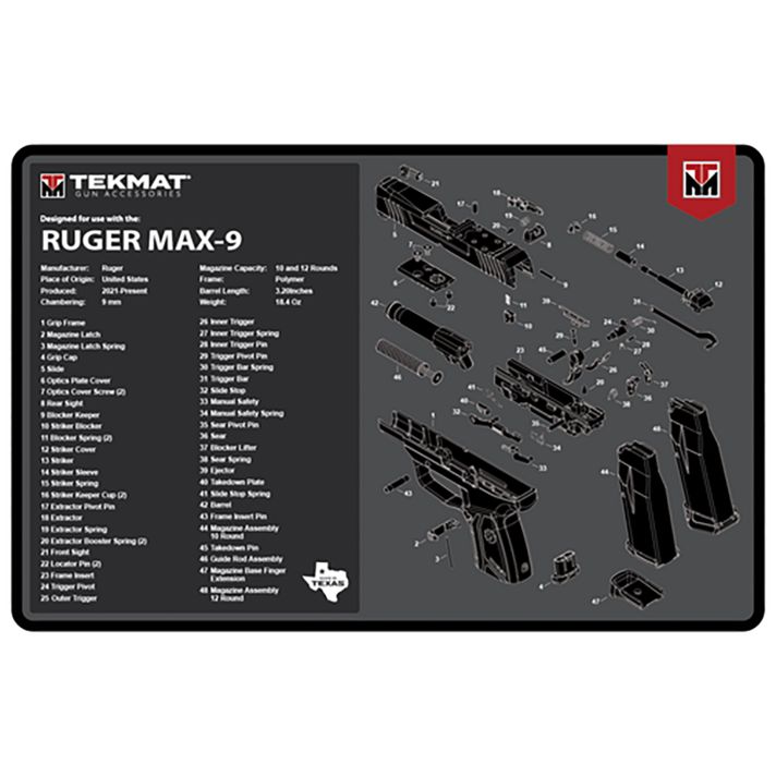 TekMat TEKR17RUGERMAX9 Ruger Max 9 Cleaning Mat Black/White Rubber 11"x17" Ruger Max 9 Parts Diagram