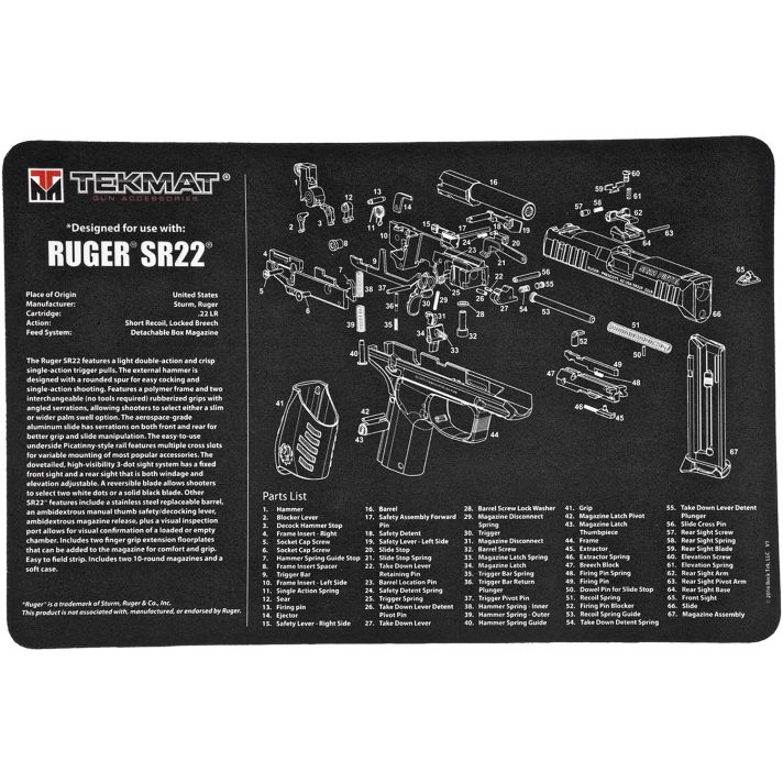 TekMat TEKR17RUGERSR22 Ruger SR22 Cleaning Mat Black/White Rubber 11"x17" Ruger SR22 Parts Diagram
