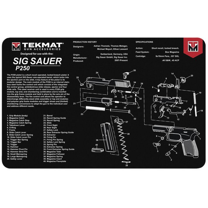 TekMat TEKR17SIGP250 Sig Sauer P250 Cleaning Mat Black/White Rubber 11"x17" Sig Sauer P250 Parts Diagram