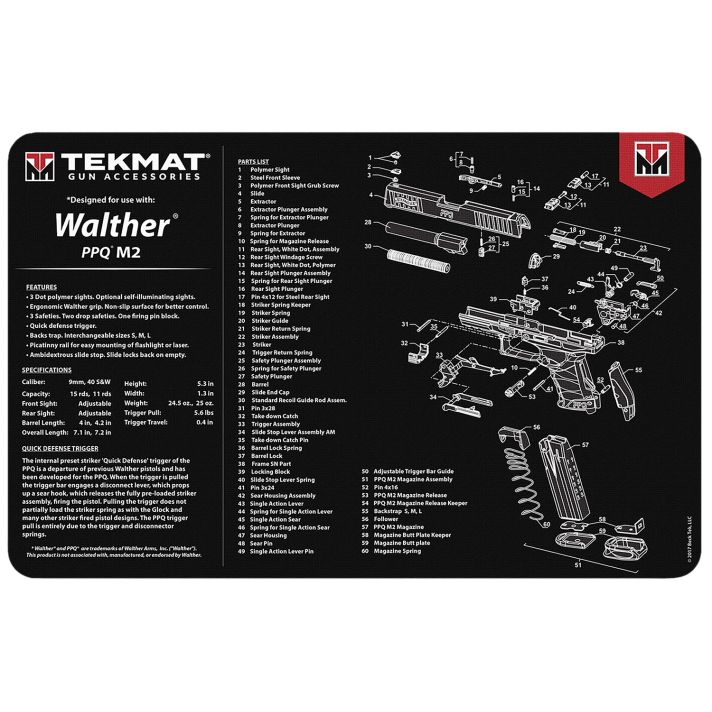 TekMat TEKR17WALPPQM2 Walther PPQ MOD 2 Cleaning Mat Black/White Rubber 11"x17" Walther PPQ MOD 2 Parts Diagram