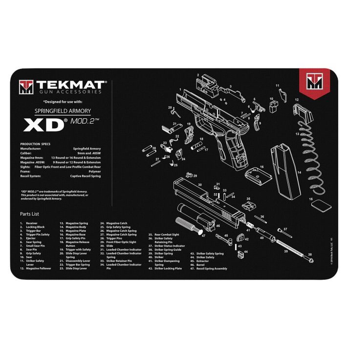 TekMat TEKR17XDMOD2 Springfield Armory XD MOD 2 Cleaning Mat Black/White Rubber 11"x17" Springfield Armory XD MOD 2 Parts Diagram