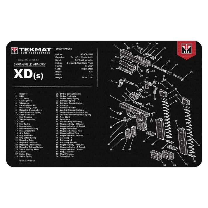 TekMat TEKR17XDS Springfield Armory XDs Cleaning Mat Black/White Rubber 11"x17" Springfield XDs Parts Diagram