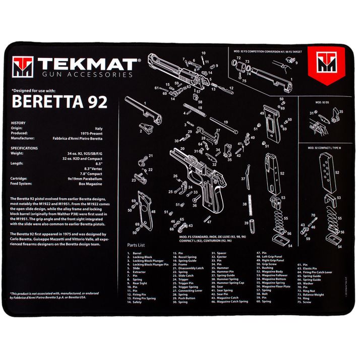 TekMat TEKR20BER92 Beretta 92 Ultra 20 Cleaning Mat Black/White Rubber 15"x20" Beretta 92 Parts Diagram