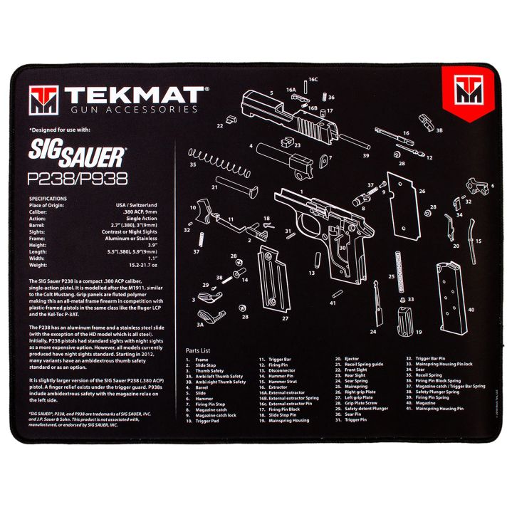 TekMat TEKR20SIGP238 Sig Sauer P238 Ultra 20 Cleaning Mat Black/White Rubber 15"x20" Sig Sauer P238 Parts Diagram