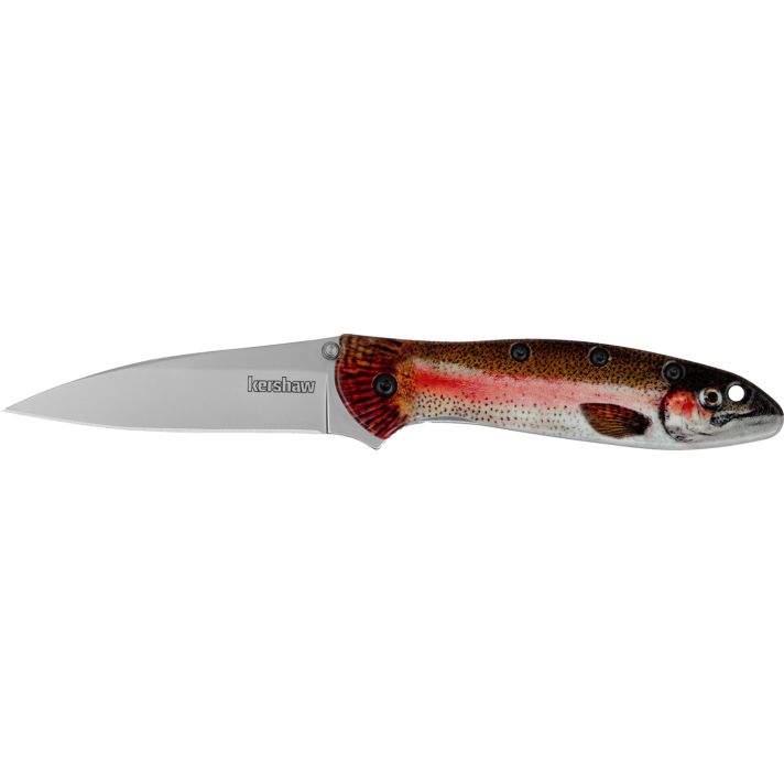 Kershaw 1660TROUT Leek Trout EDC 3" Folding Drop Point Plain Bead Blasted 14C28N Steel Blade, Rainbow Trout w/UFI Coating Aluminum Handle
