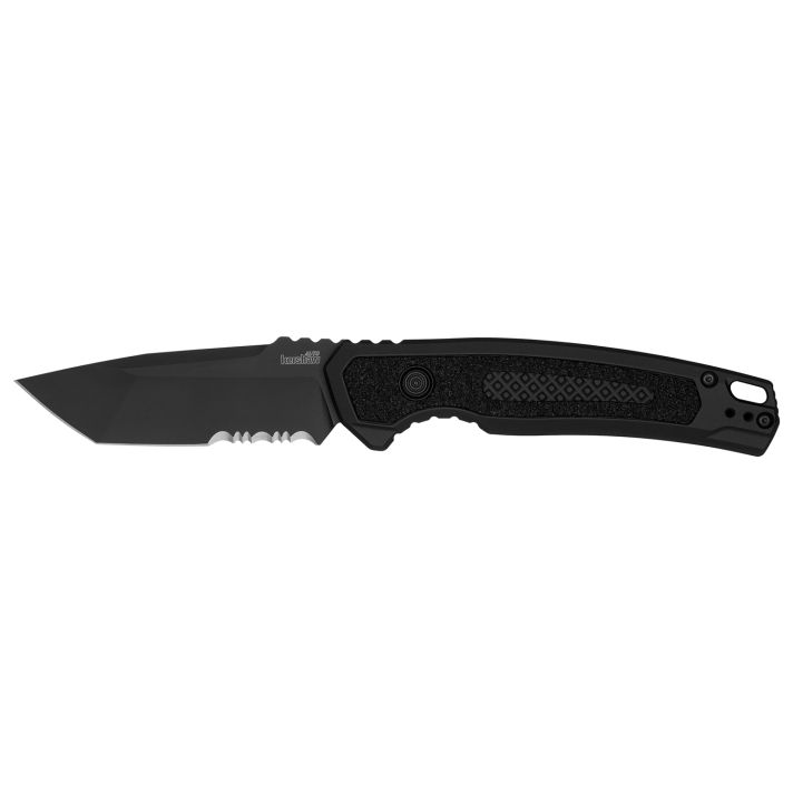 Kershaw 7105 Launch 16 Automatic 3.45" Folding Tanto Part Serrated Plain Black Cerakote CPM M4 Steel Blade, Black Cerakote Aluminum Handle