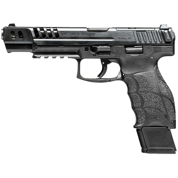 HK 81000935 VP9 Match 9mm Luger 15+1 5.51" Polygonal Rifled Barrel, Black Optic Ready/Serrated w/Ports Slide & Frame w/Picatinny Rail, Black Finger Grooved Polymer Grips, Ambidextrous
