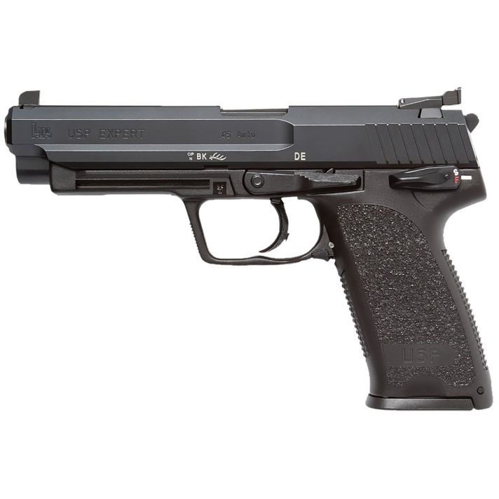 HK 81000365 USP Expert V1 SA/DA 45 ACP Caliber with 5.19" Barrel, 10+1 Capacity, Overall Black Finish, Serrated Trigger Guard Frame, Serrated Long Steel Slide & Polymer Grip Includes 2 Mags