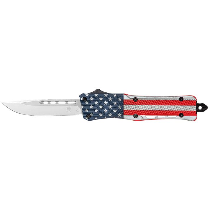 CobraTec Knives SUSACTK1SDNS CTK-1 American Flag Small 2.75" OTF Drop Point Plain D2 Steel Blade, 4.25" Red/White/Blue Flag Cerakote Aluminum Alloy Handle