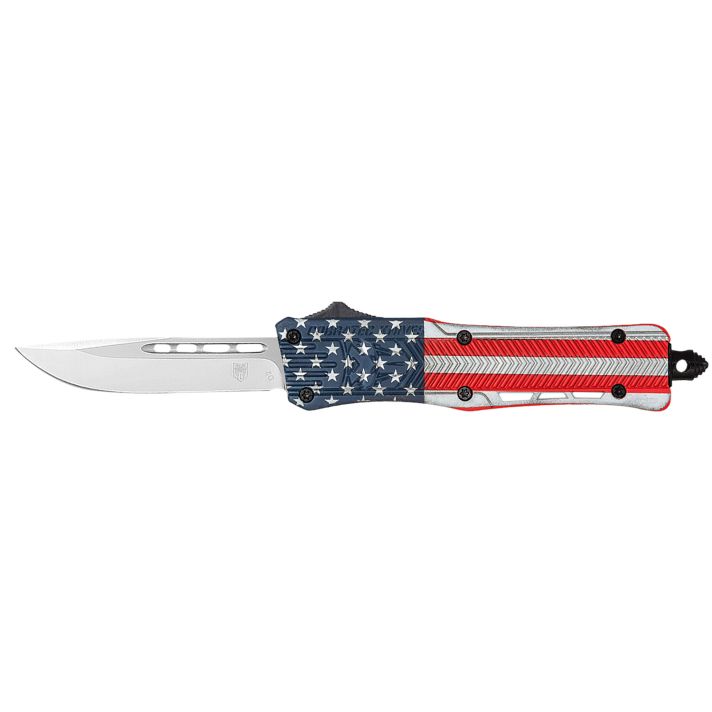 CobraTec Knives MUSACTK1MDNS CTK-1 American Flag Medium 3" OTF Drop Point Plain D2 Steel Blade, 5" Red/White/Blue Flag Cerakote Aluminum Alloy Handle