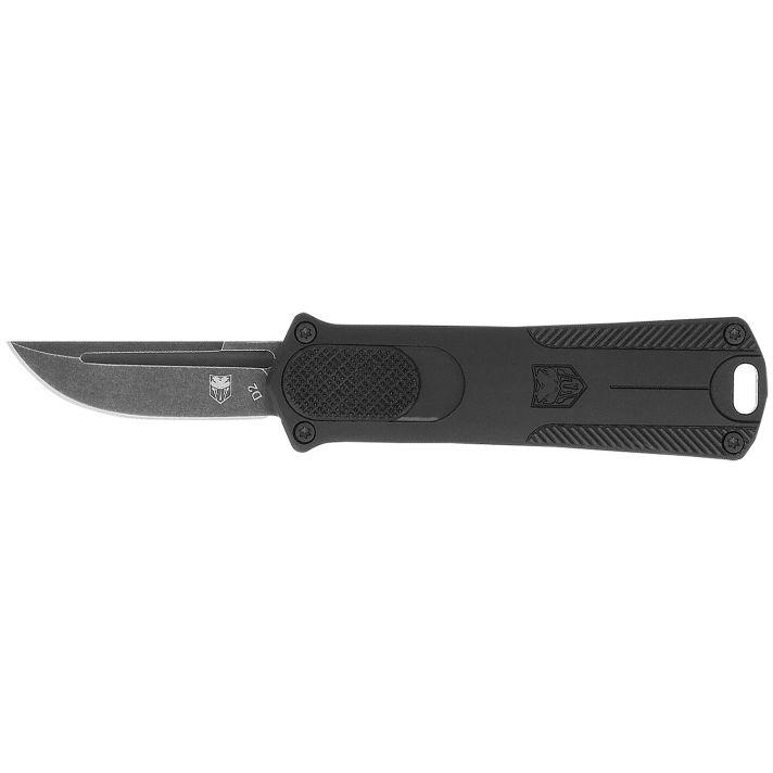 CobraTec Knives CALI952BLKDNS 952 *CA Compliant 1.75" OTF Drop Point Plain Stonewashed D2 Steel Blade, 3" Black Anodized Aluminum Handle