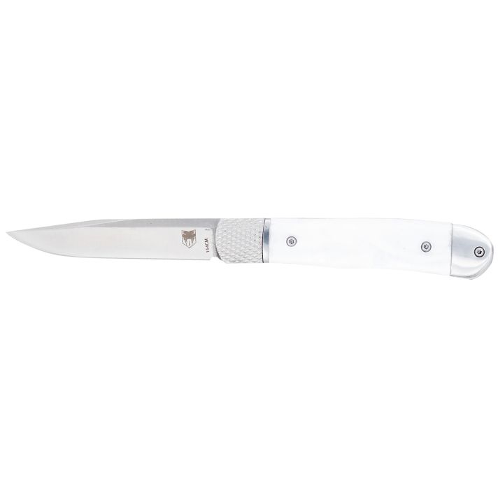 CobraTec Knives CTTHRWTABA154CM TrapperSmall 3.13" Folding Plain 154CM SS Blade, 4.25" White Abalone Scales Handle